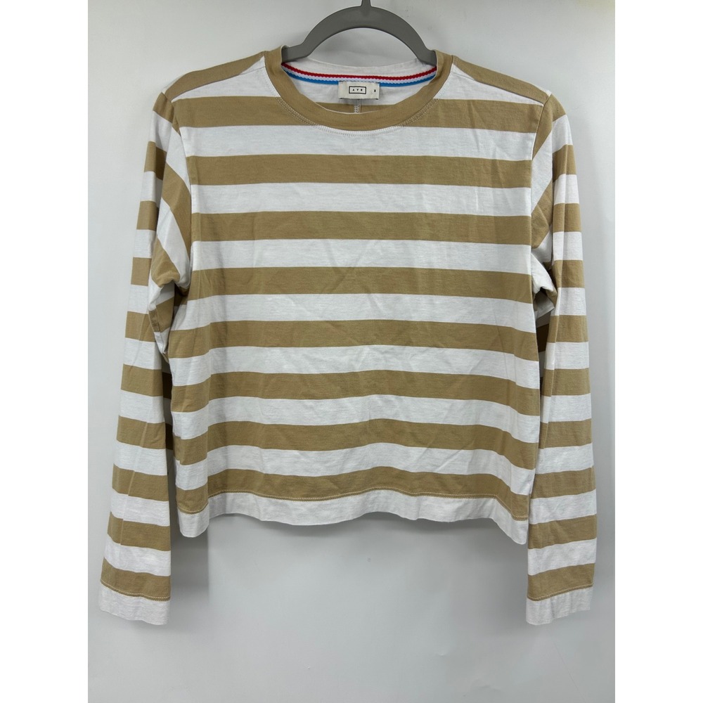 AYR The Rug Striped Pima Cotton Long Sleeve Tee Tan White Small